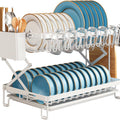 2-Tier Dish Drying Rack with Drainage Tray, Utensil Holder & Cup Hooks - White