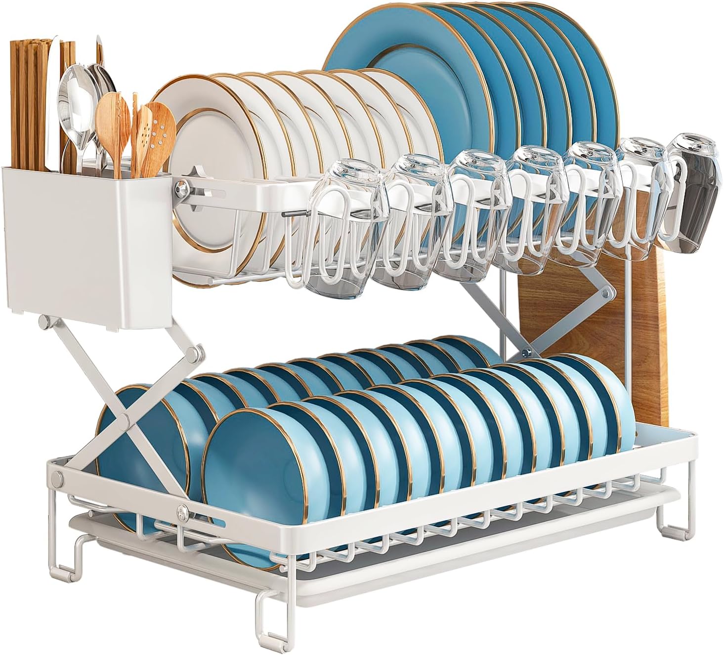 2 - Tier Dish Drying Rack with Drainage Tray, Utensil Holder, Cup Hooks & Cutting Board Rack for Kitchen (White) - Home & Garden > Kitchenware > Dish Racks - Rivercity House & Home Co. (ABN 18 642 972 209) - Affordable Modern Furniture Australia