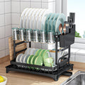 2-Tier Dish Drying Rack with Drain Tray, Utensil Holder, Cup Hooks & Cutting Board Slot - Black