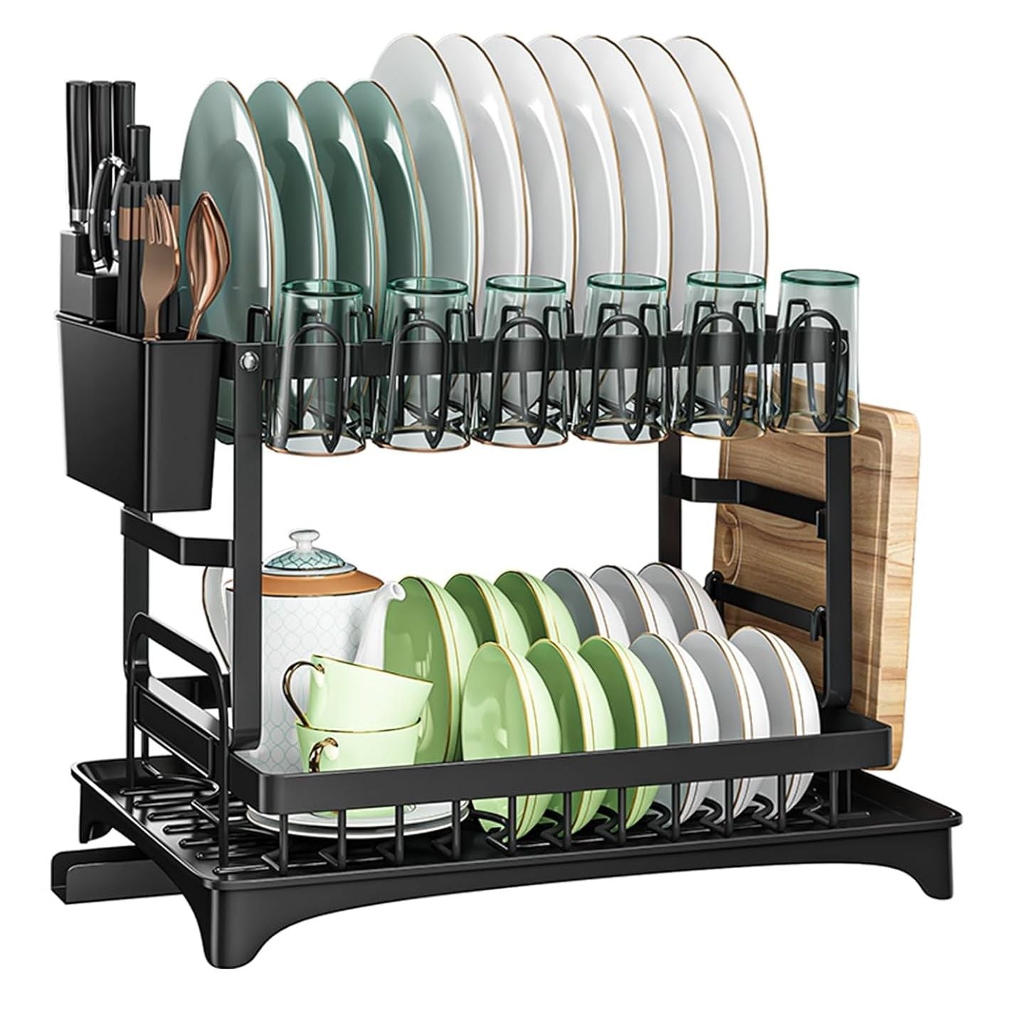 2 - Tier Dish Drying Rack with Drainage Tray, Utensil Holder, Cup Hooks & Cutting Board Slot for Countertop Kitchen Storage (Black) - Home & Garden > Kitchenware > Dish Racks - Rivercity House & Home Co. (ABN 18 642 972 209) - Affordable Modern Furniture Australia