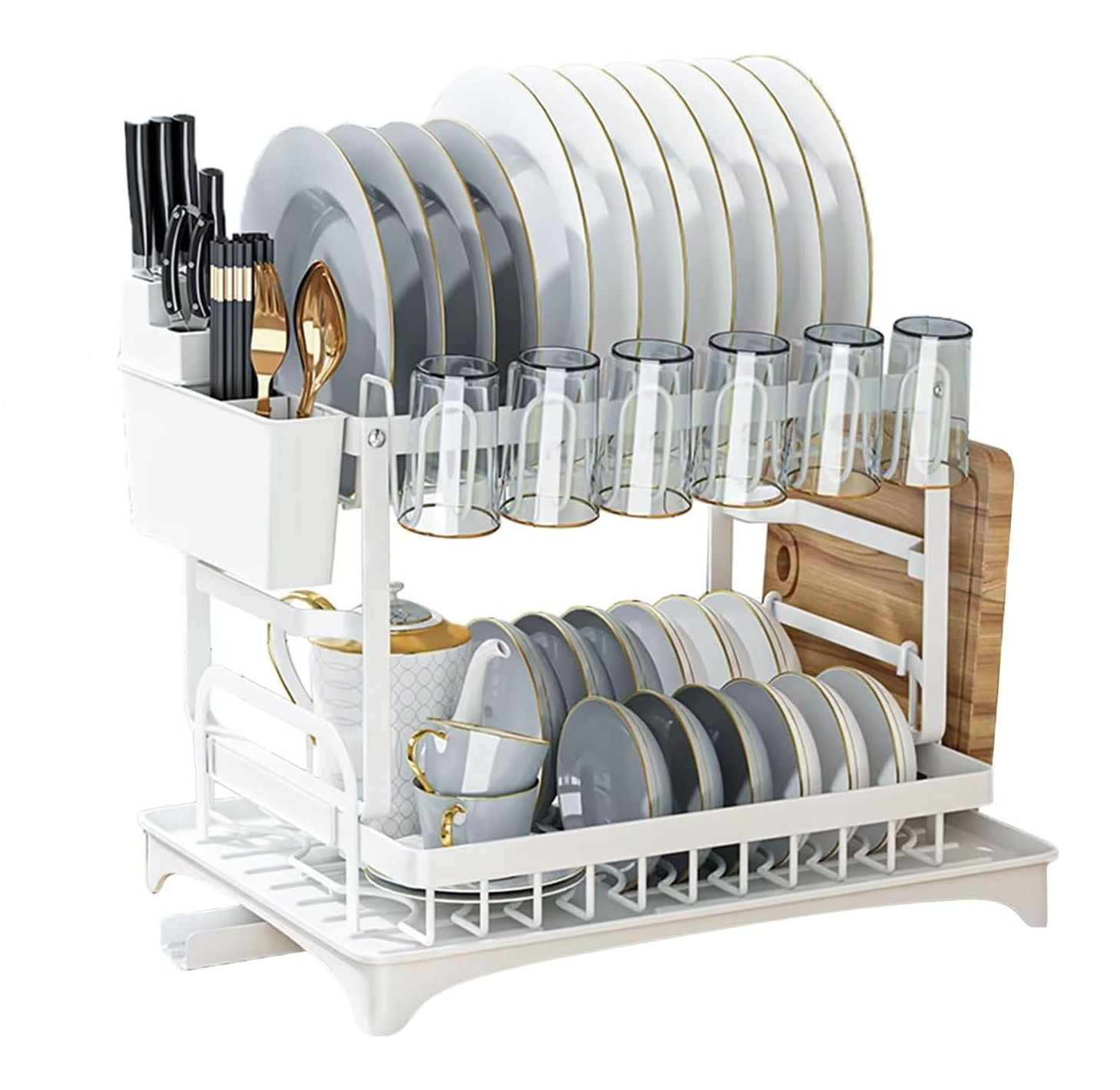 2 - Tier Dish Drying Rack with Drainage Tray, Utensil Holder, Cup Hooks & Cutting Board Slot for Countertop Kitchen Storage (White) - Home & Garden > Kitchenware > Dish Racks - Rivercity House & Home Co. (ABN 18 642 972 209) - Affordable Modern Furniture Australia