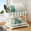 2-Tier Kitchen Dish Drying Rack with Drainage Tray, Utensil Holder, Cup Hooks & Cutting Board Slot - White
