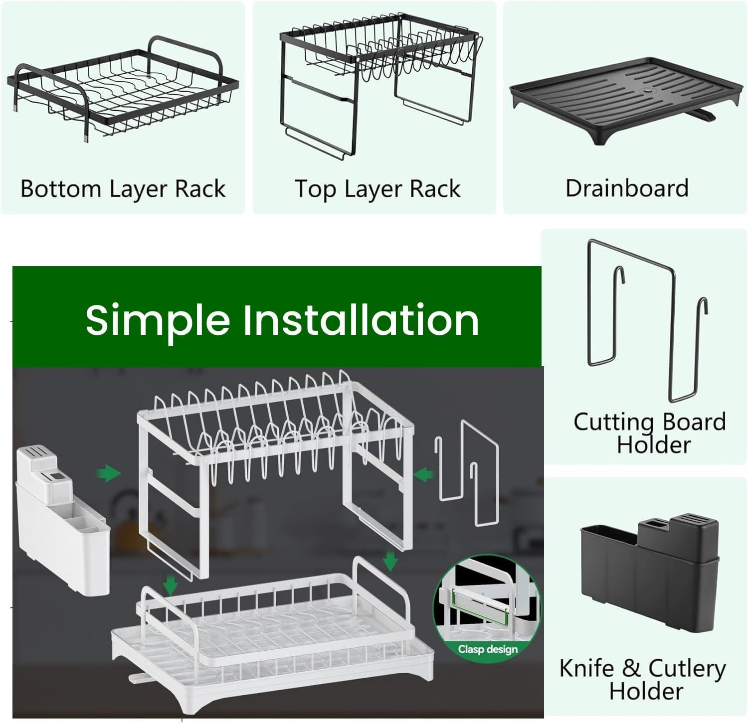2 - Tier Dish Drying Rack with Drainage Tray, Utensil Holder, Cup Hooks & Cutting Board Slot for Countertop Kitchen Storage (White) - Home & Garden > Kitchenware > Dish Racks - Rivercity House & Home Co. (ABN 18 642 972 209) - Affordable Modern Furniture Australia