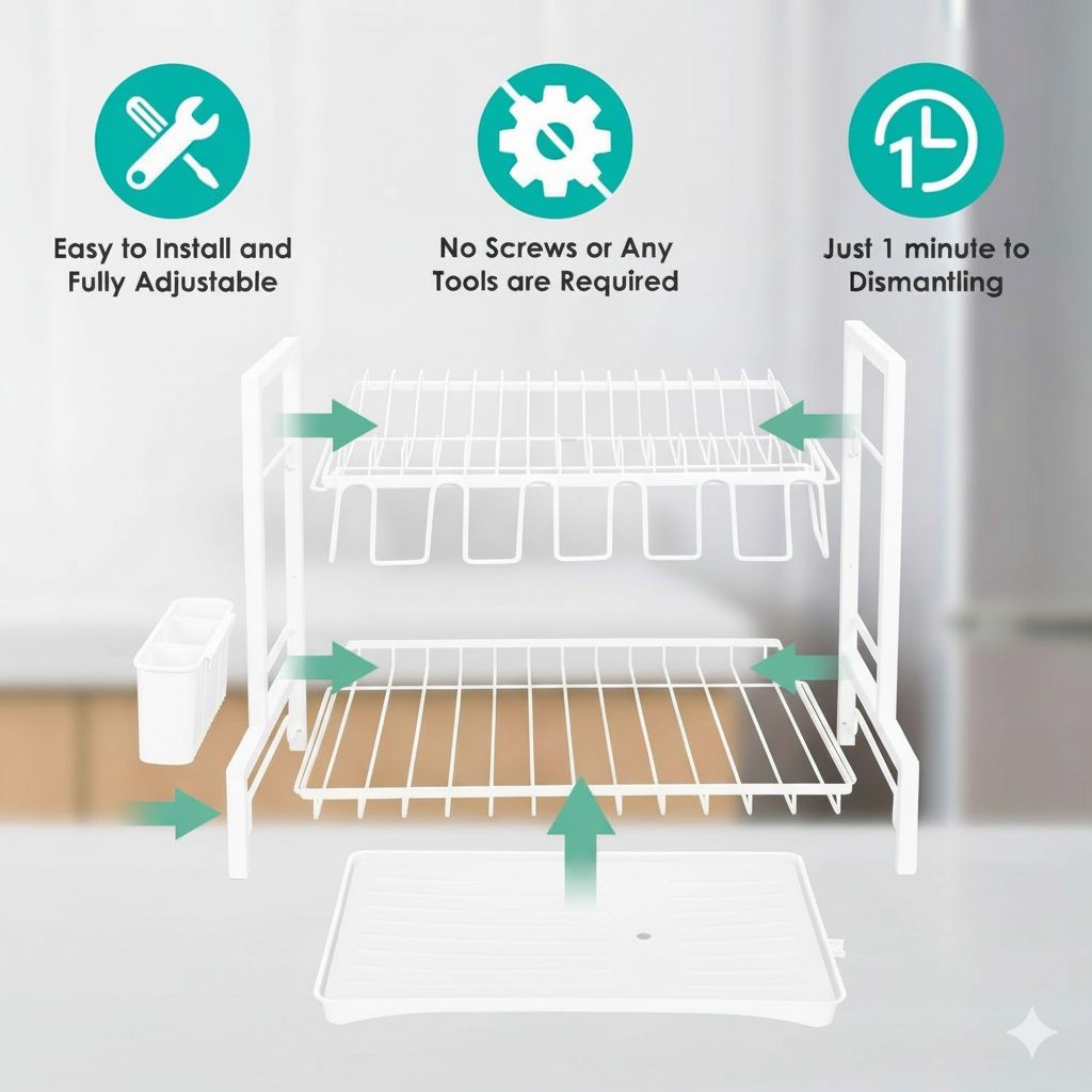 2 - Tier Dish Drying Rack with Drainboard and Rotating Spout - White - Home & Garden > Kitchenware > Dish Racks - Rivercity House & Home Co. (ABN 18 642 972 209) - Affordable Modern Furniture Australia