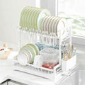 2-Tier Dish Drying Rack with Drainboard and Rotating Spout - White