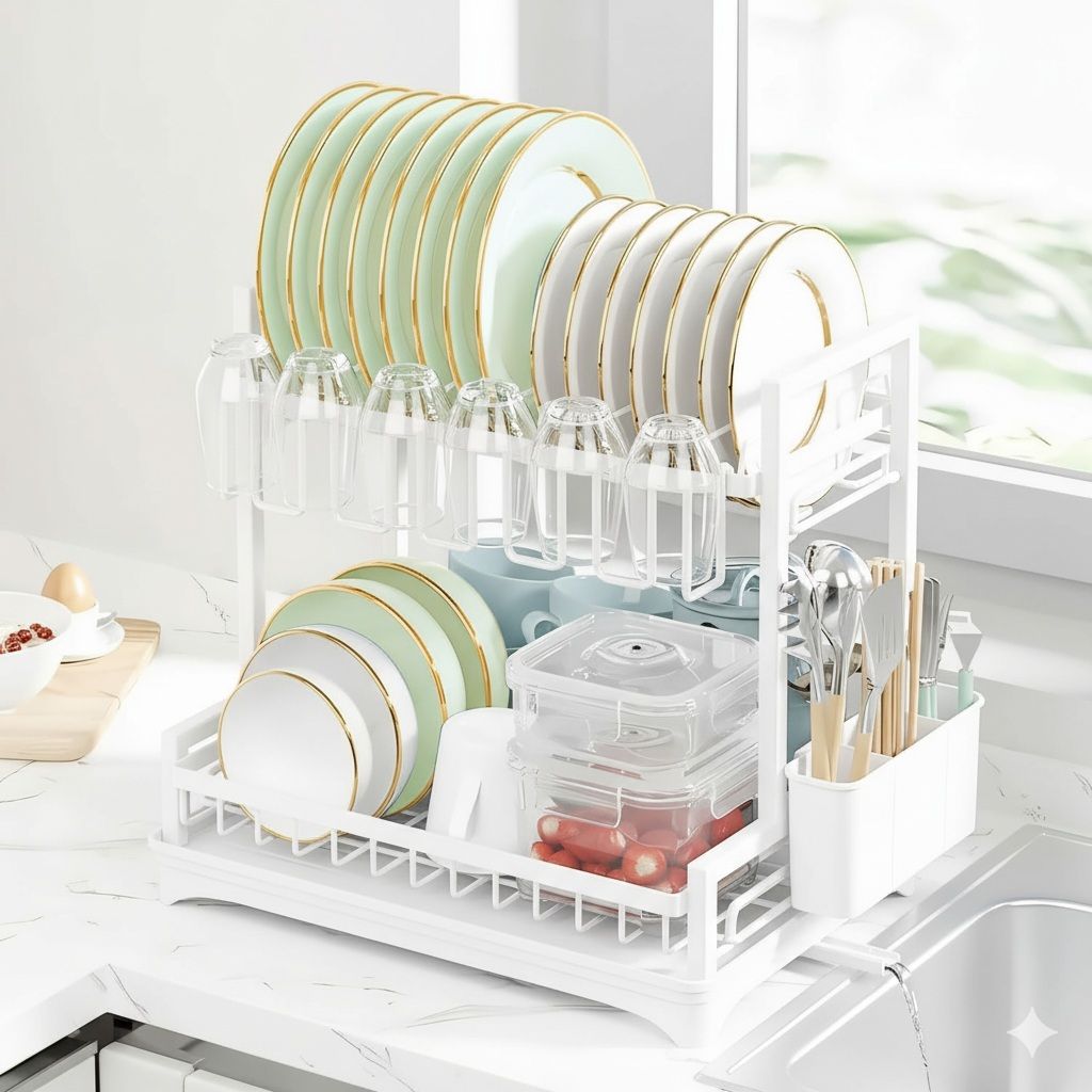 2 - Tier Dish Drying Rack with Drainboard and Rotating Spout - White - Home & Garden > Kitchenware > Dish Racks - Rivercity House & Home Co. (ABN 18 642 972 209) - Affordable Modern Furniture Australia
