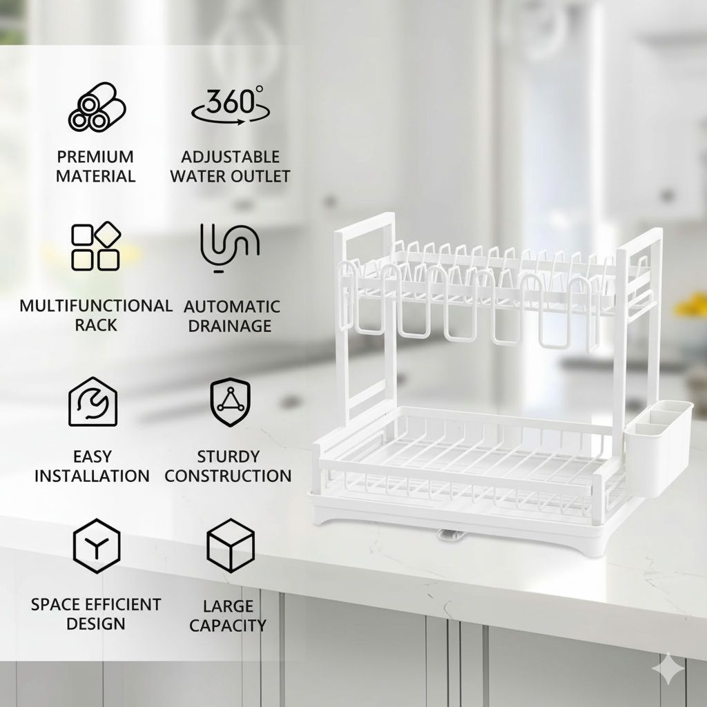 2 - Tier Dish Drying Rack with Drainboard and Rotating Spout - White - Home & Garden > Kitchenware > Dish Racks - Rivercity House & Home Co. (ABN 18 642 972 209) - Affordable Modern Furniture Australia