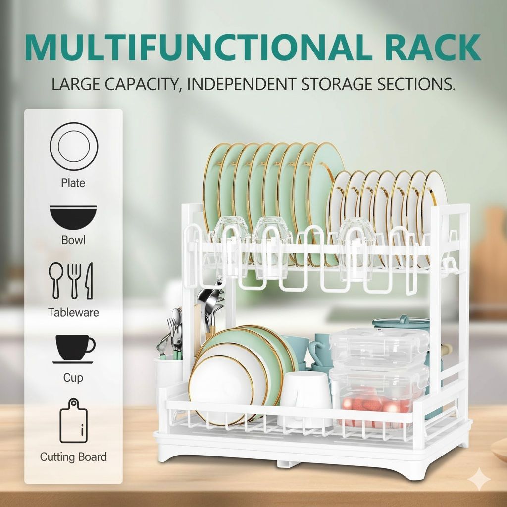 2 - Tier Dish Drying Rack with Drainboard and Rotating Spout - White - Home & Garden > Kitchenware > Dish Racks - Rivercity House & Home Co. (ABN 18 642 972 209) - Affordable Modern Furniture Australia