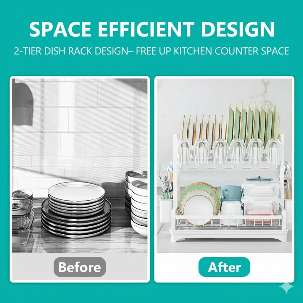2 - Tier Dish Drying Rack with Drainboard and Rotating Spout - White - Home & Garden > Kitchenware > Dish Racks - Rivercity House & Home Co. (ABN 18 642 972 209) - Affordable Modern Furniture Australia