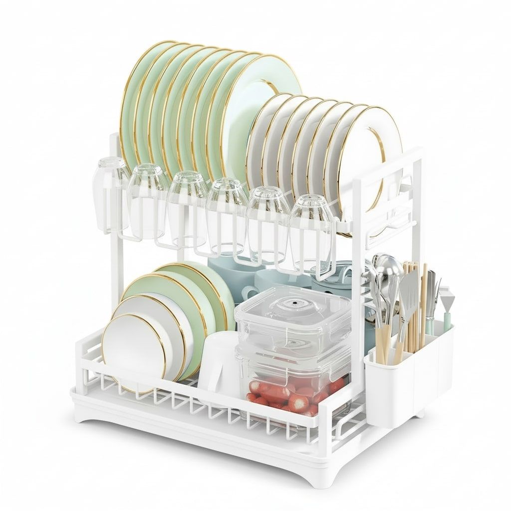 2 - Tier Dish Drying Rack with Drainboard and Rotating Spout - White - Home & Garden > Kitchenware > Dish Racks - Rivercity House & Home Co. (ABN 18 642 972 209) - Affordable Modern Furniture Australia