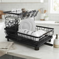 2 Tier Dish Drying Rack with Drainboard and Utensil Holder for Kitchen - Black