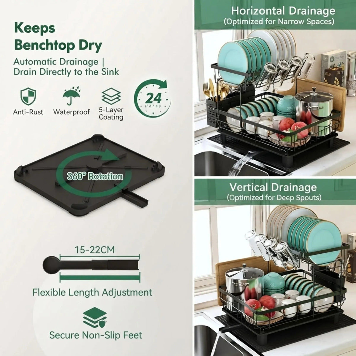 2 Tier Dish Drying Rack with Drainboard and Utensil Holder for Kitchen - Black - Home & Garden > Kitchenware > Dish Racks - Rivercity House & Home Co. (ABN 18 642 972 209) - Affordable Modern Furniture Australia