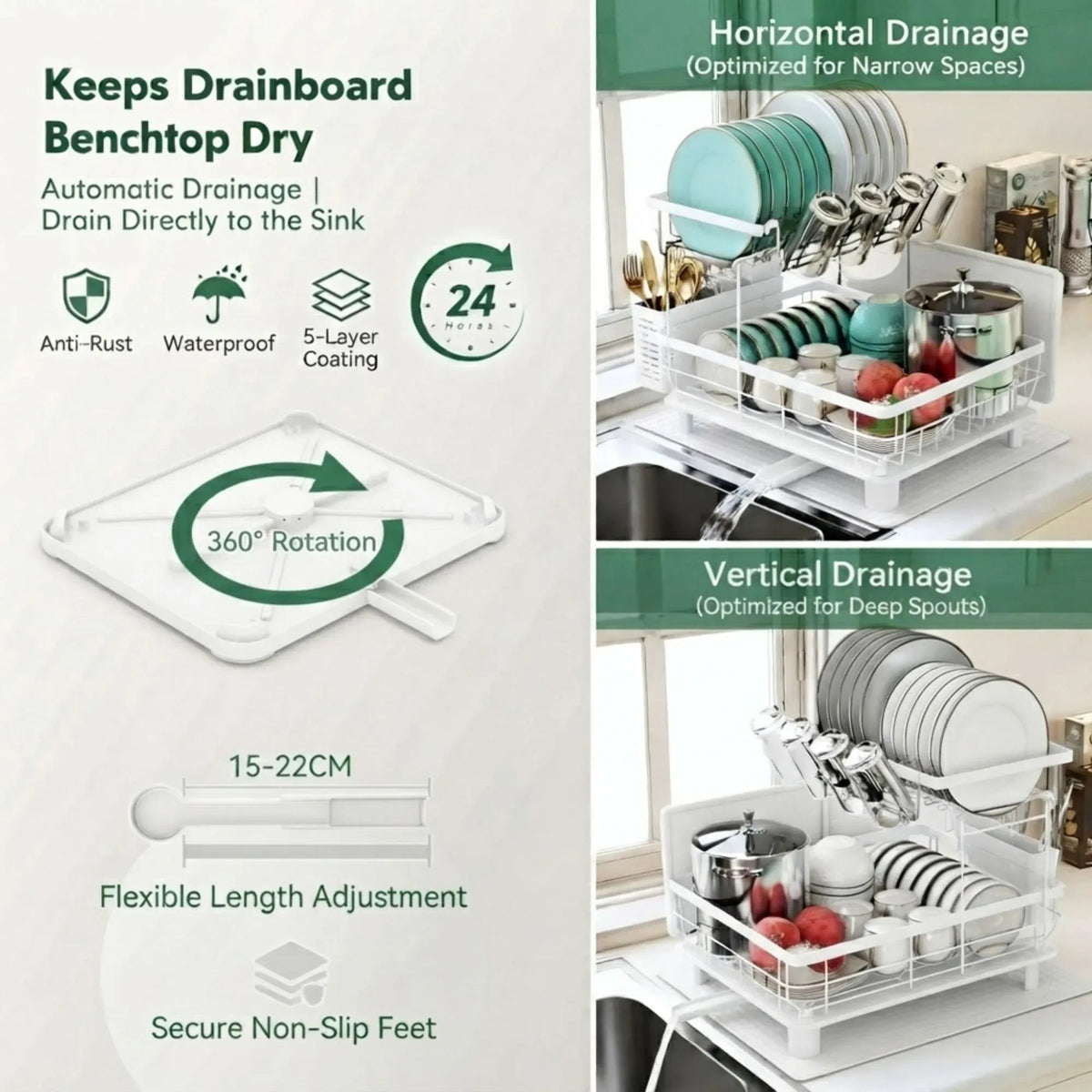 2 Tier Dish Drying Rack with Drainboard and Utensil Holder for Kitchen - White - Home & Garden > Kitchenware > Dish Racks - Rivercity House & Home Co. (ABN 18 642 972 209) - Affordable Modern Furniture Australia