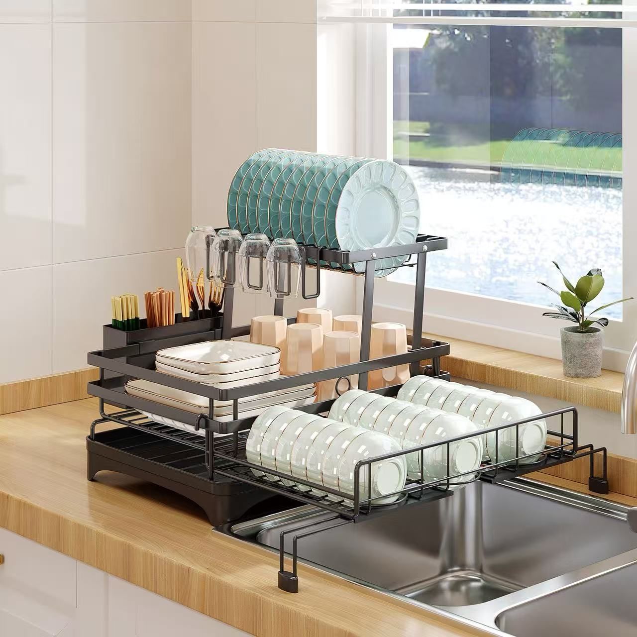 2 - Tier Expandable Dish Drying Rack with Drainage Spout, Utensil Holder & Drainboard for Kitchen Countertop Organiser - Black - Home & Garden > Kitchenware > Dish Racks - Rivercity House & Home Co. (ABN 18 642 972 209) - Affordable Modern Furniture Australia