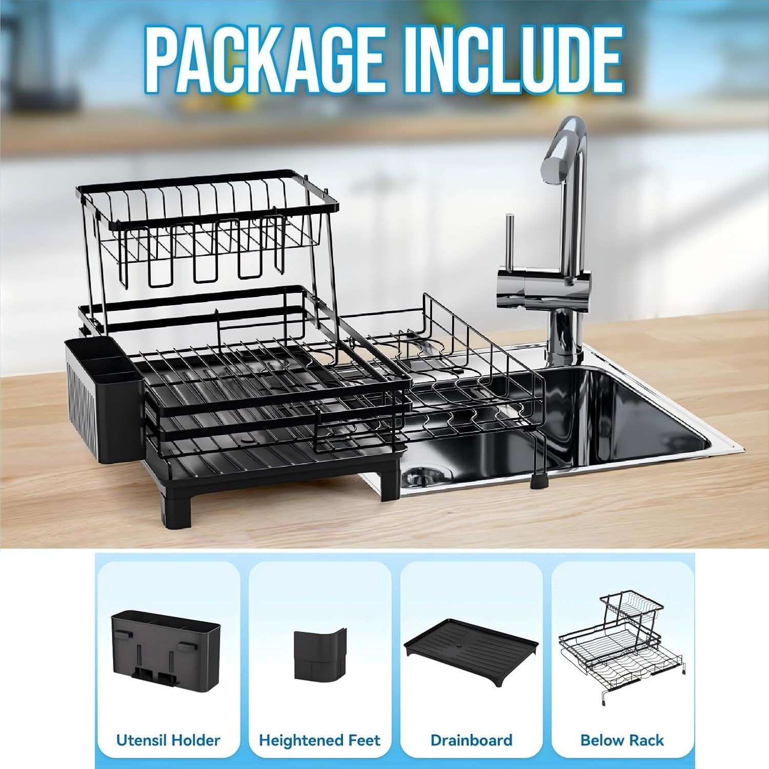2 - Tier Expandable Dish Drying Rack with Drainage Spout, Utensil Holder & Drainboard for Kitchen Countertop Organiser - Black - Home & Garden > Kitchenware > Dish Racks - Rivercity House & Home Co. (ABN 18 642 972 209) - Affordable Modern Furniture Australia