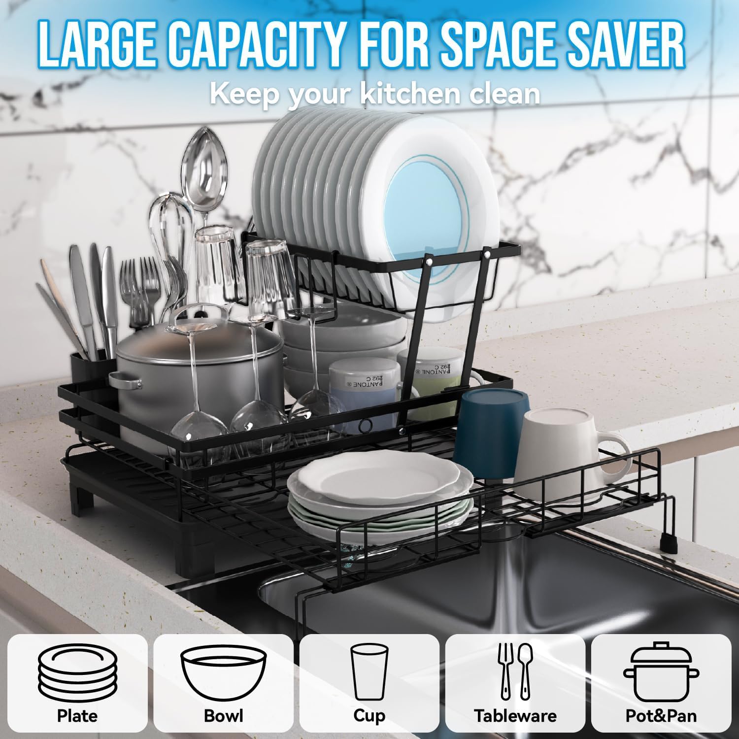 2 - Tier Expandable Dish Drying Rack with Drainage Spout, Utensil Holder & Drainboard for Kitchen Countertop Organiser - Black - Home & Garden > Kitchenware > Dish Racks - Rivercity House & Home Co. (ABN 18 642 972 209) - Affordable Modern Furniture Australia