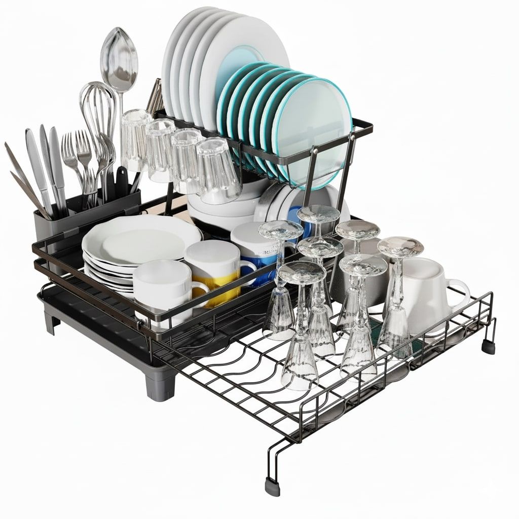 2 - Tier Expandable Dish Drying Rack with Drainage Spout, Utensil Holder & Drainboard for Kitchen Countertop Organiser - Black - Home & Garden > Kitchenware > Dish Racks - Rivercity House & Home Co. (ABN 18 642 972 209) - Affordable Modern Furniture Australia