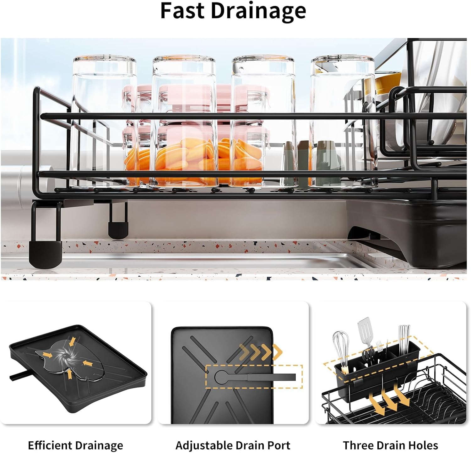 2 - Tier Expandable Dish Drying Rack with Drainage Spout, Utensil Holder & Drainboard for Kitchen Countertop Organiser - Black - Home & Garden > Kitchenware > Dish Racks - Rivercity House & Home Co. (ABN 18 642 972 209) - Affordable Modern Furniture Australia
