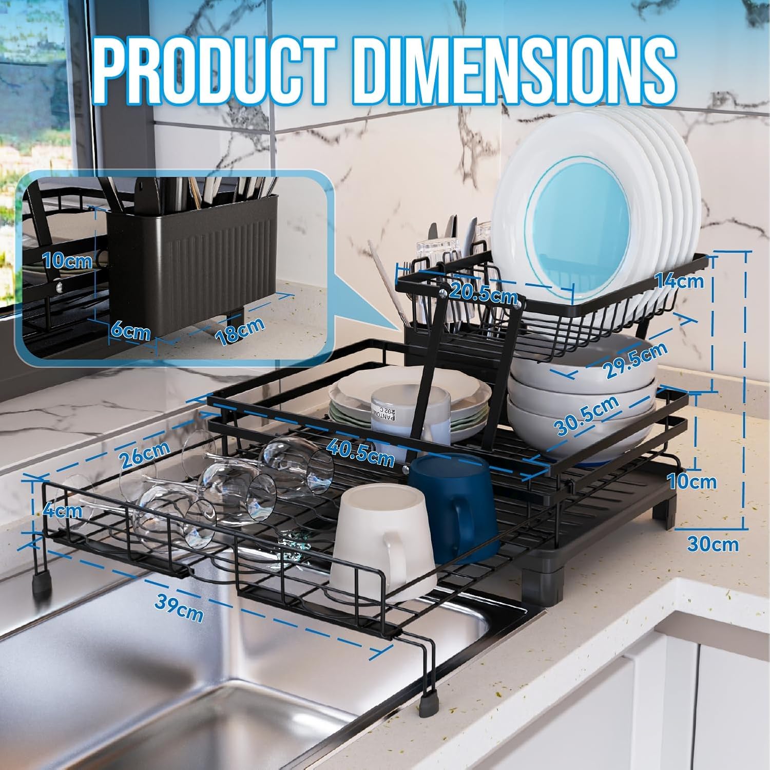 2 - Tier Expandable Dish Drying Rack with Drainage Spout, Utensil Holder & Drainboard for Kitchen Countertop Organiser - Black - Home & Garden > Kitchenware > Dish Racks - Rivercity House & Home Co. (ABN 18 642 972 209) - Affordable Modern Furniture Australia