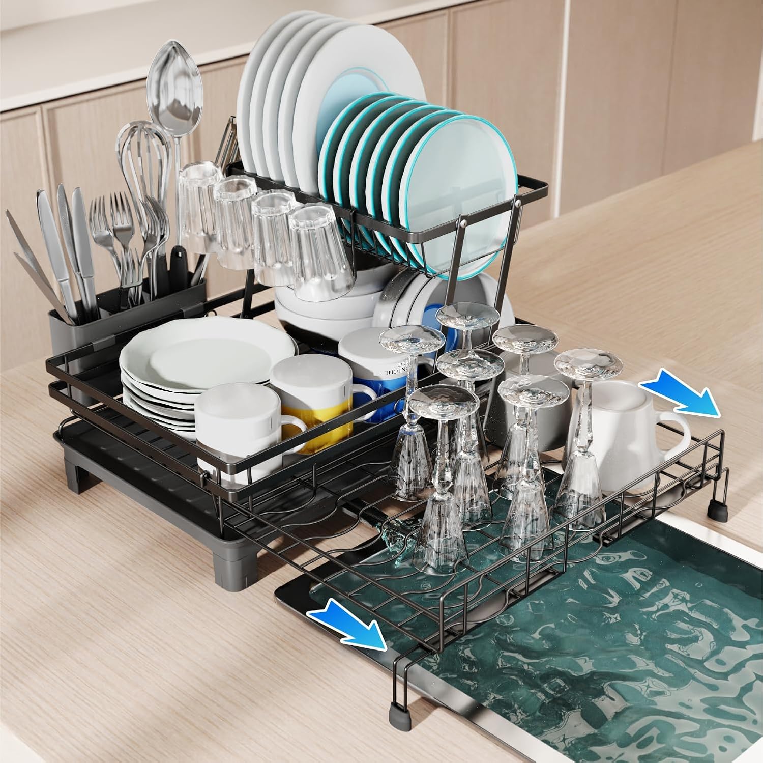 2 - Tier Expandable Dish Drying Rack with Drainage Spout, Utensil Holder & Drainboard for Kitchen Countertop Organiser - Black - Home & Garden > Kitchenware > Dish Racks - Rivercity House & Home Co. (ABN 18 642 972 209) - Affordable Modern Furniture Australia