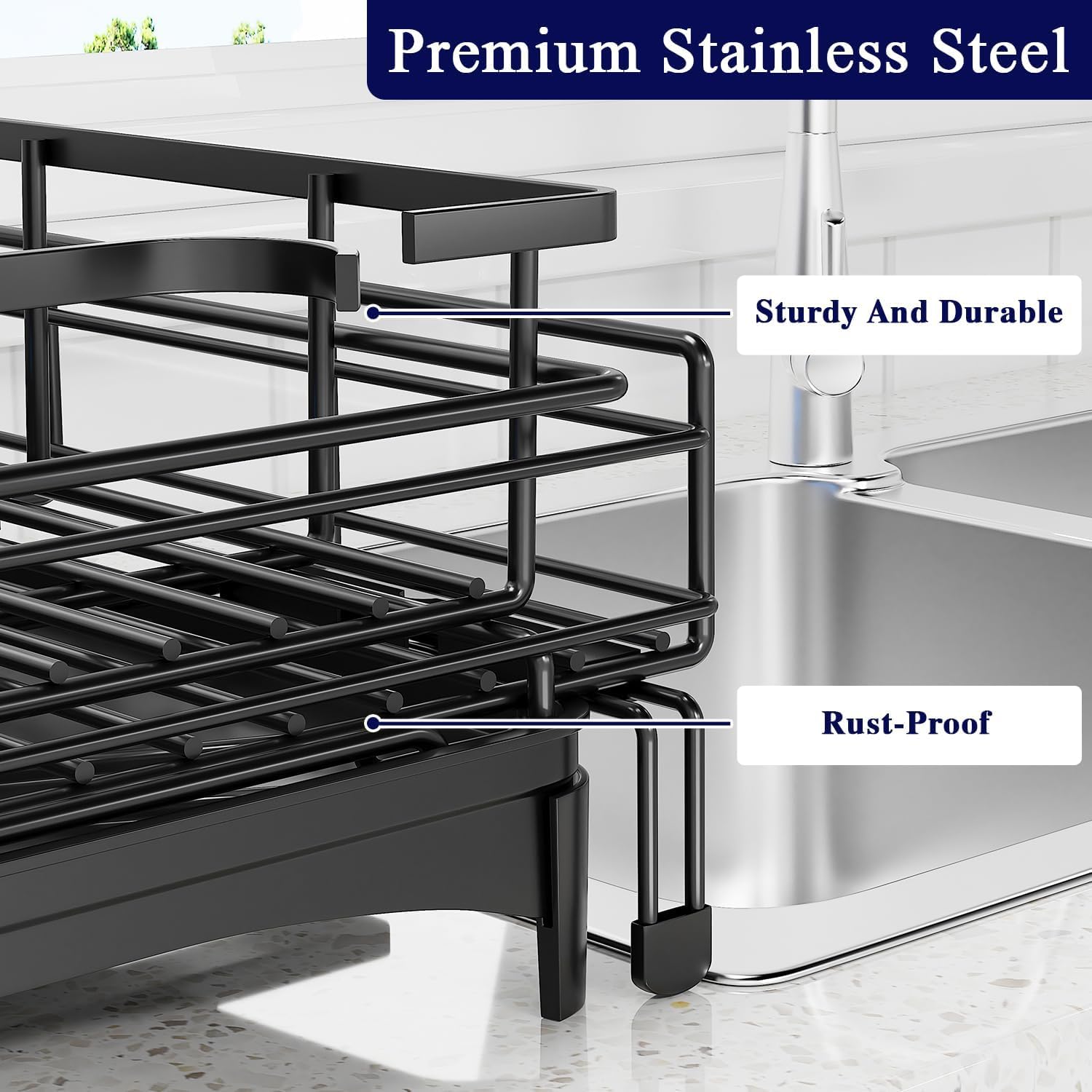 2 - Tier Expandable Dish Drying Rack with Drainage Spout, Utensil Holder & Drainboard for Kitchen Countertop Organiser - Black - Home & Garden > Kitchenware > Dish Racks - Rivercity House & Home Co. (ABN 18 642 972 209) - Affordable Modern Furniture Australia