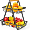 2-Tier Kitchen Countertop Fruit Basket Stand with Wooden Handle - Black