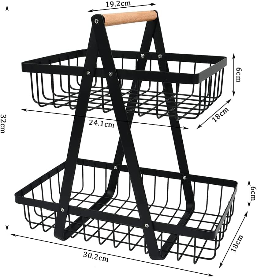 2 - Tier Fruit Basket Stand for Kitchen Countertop for Fruits, Vegetables, Bread & Snacks with Wooden Handle - Appliances > Kitchen Appliances > Kitchen Appliance Accessories - Rivercity House & Home Co. (ABN 18 642 972 209) - Affordable Modern Furniture Australia