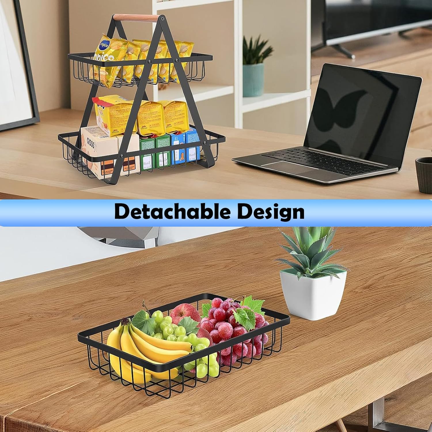 2 - Tier Fruit Basket Stand for Kitchen Countertop for Fruits, Vegetables, Bread & Snacks with Wooden Handle - Appliances > Kitchen Appliances > Kitchen Appliance Accessories - Rivercity House & Home Co. (ABN 18 642 972 209) - Affordable Modern Furniture Australia