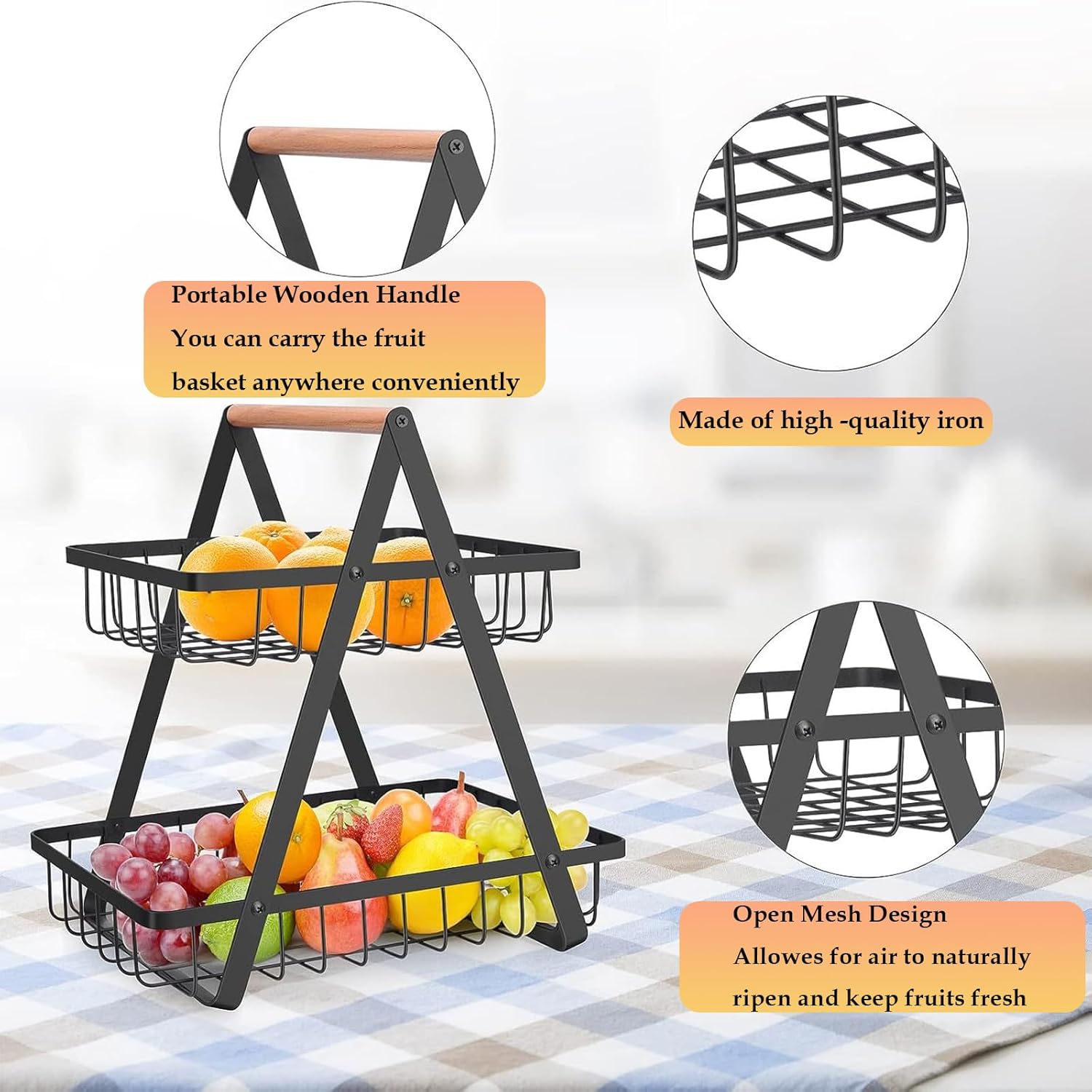 2 - Tier Fruit Basket Stand for Kitchen Countertop for Fruits, Vegetables, Bread & Snacks with Wooden Handle - Appliances > Kitchen Appliances > Kitchen Appliance Accessories - Rivercity House & Home Co. (ABN 18 642 972 209) - Affordable Modern Furniture Australia