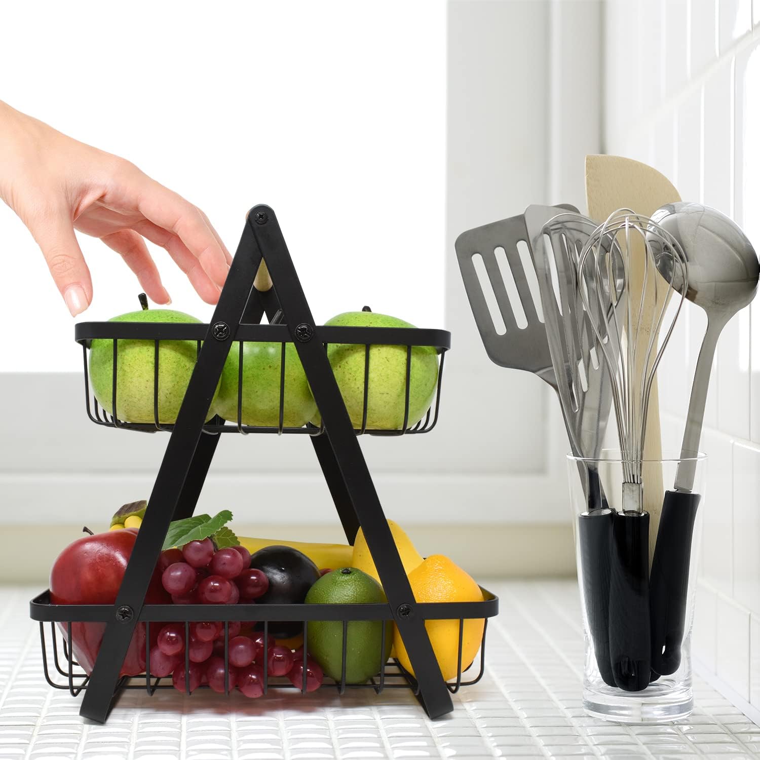 2 - Tier Fruit Basket Stand for Kitchen Countertop for Fruits, Vegetables, Bread & Snacks with Wooden Handle - Appliances > Kitchen Appliances > Kitchen Appliance Accessories - Rivercity House & Home Co. (ABN 18 642 972 209) - Affordable Modern Furniture Australia