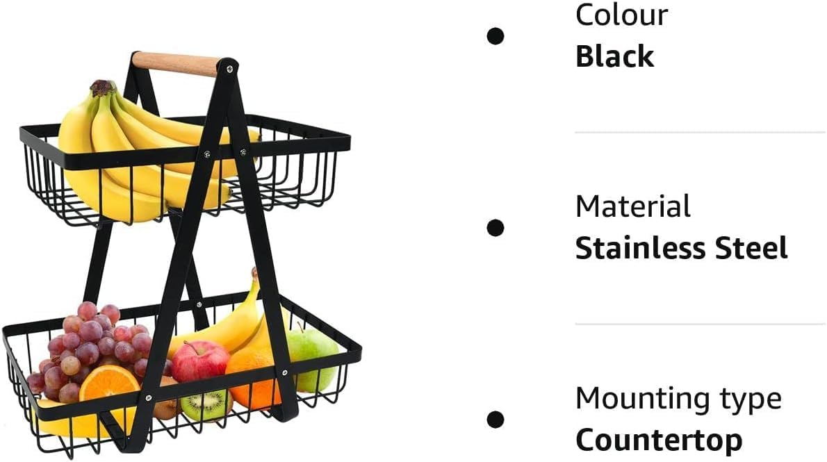 2 - Tier Fruit Basket Stand for Kitchen Countertop for Fruits, Vegetables, Bread & Snacks with Wooden Handle - Appliances > Kitchen Appliances > Kitchen Appliance Accessories - Rivercity House & Home Co. (ABN 18 642 972 209) - Affordable Modern Furniture Australia