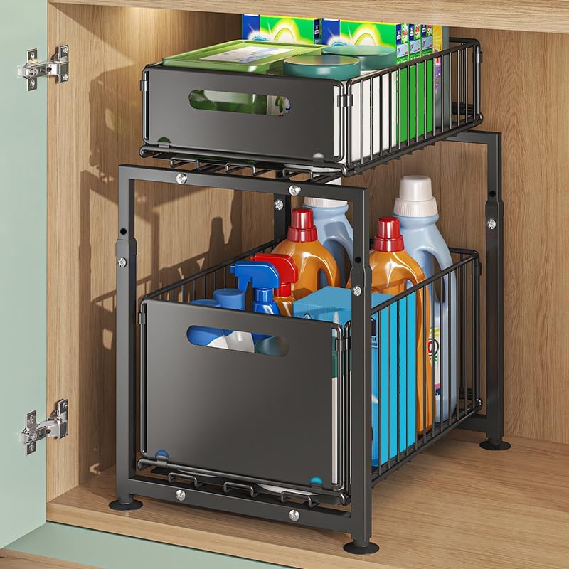 2 - Tier Height Adjustable Under Sink Organiser with Sliding Drawers for Kitchen & Bathroom Cabinet - Metal - Furniture > Bathroom > Tap & Sink Accessories - Rivercity House & Home Co. (ABN 18 642 972 209) - Affordable Modern Furniture Australia