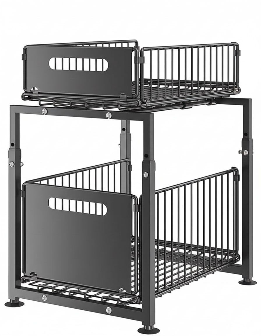 2 - Tier Height Adjustable Under Sink Organiser with Sliding Drawers for Kitchen & Bathroom Cabinet - Metal - Furniture > Bathroom > Tap & Sink Accessories - Rivercity House & Home Co. (ABN 18 642 972 209) - Affordable Modern Furniture Australia