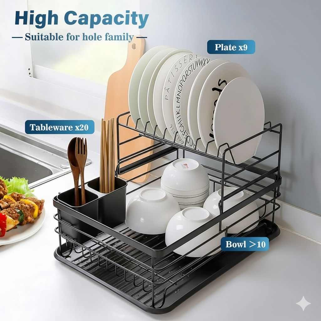 2 - Tier Kitchen Counter Dish Drying Rack with Removable Drip Tray, Utensil Holder & Cutlery Organiser - Black - Home & Garden > Kitchenware > Dish Racks - Rivercity House & Home Co. (ABN 18 642 972 209) - Affordable Modern Furniture Australia