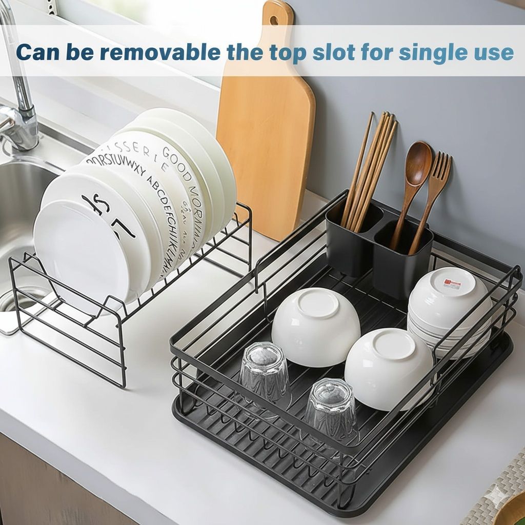 2 - Tier Kitchen Counter Dish Drying Rack with Removable Drip Tray, Utensil Holder & Cutlery Organiser - Black - Home & Garden > Kitchenware > Dish Racks - Rivercity House & Home Co. (ABN 18 642 972 209) - Affordable Modern Furniture Australia