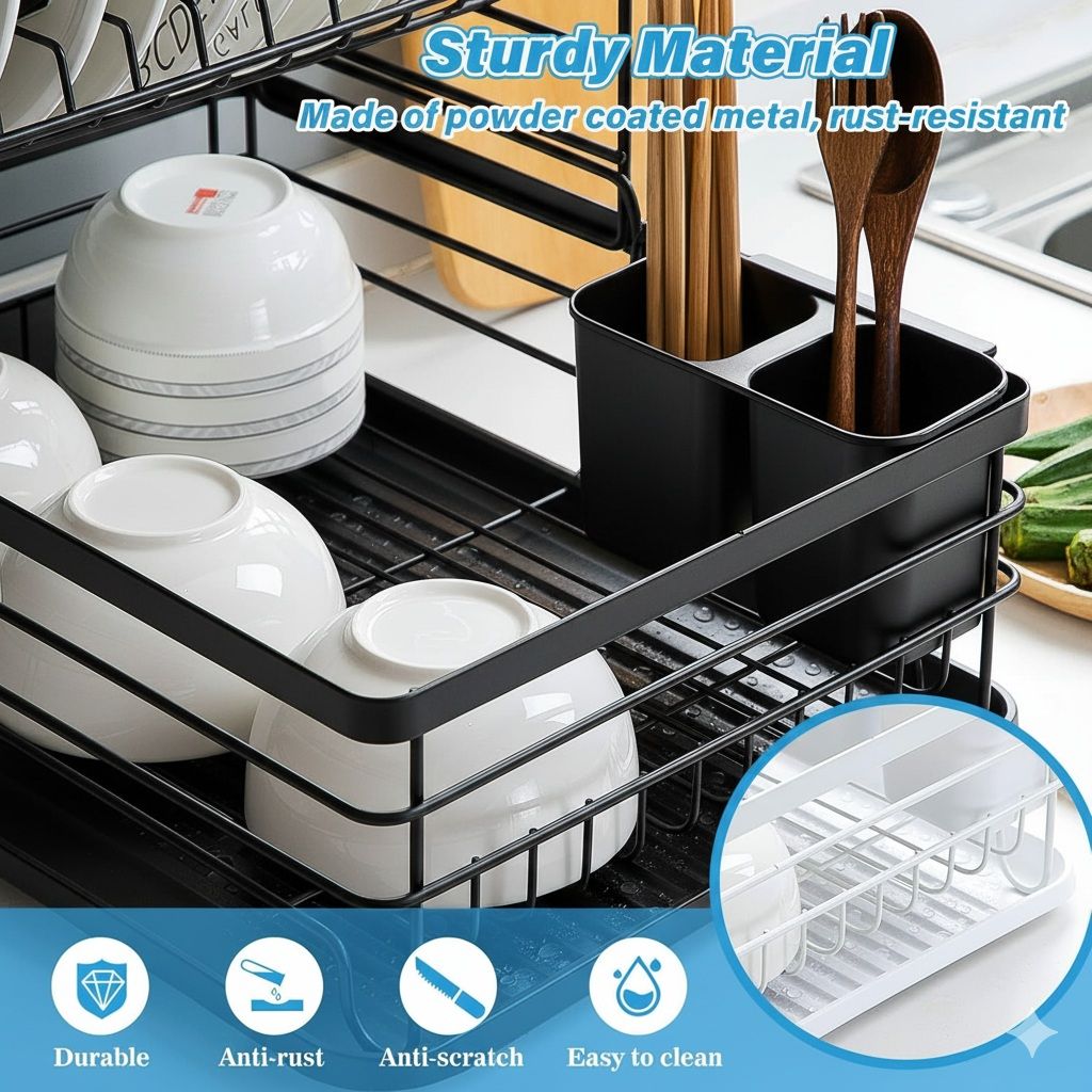2 - Tier Kitchen Counter Dish Drying Rack with Removable Drip Tray, Utensil Holder & Cutlery Organiser - Black - Home & Garden > Kitchenware > Dish Racks - Rivercity House & Home Co. (ABN 18 642 972 209) - Affordable Modern Furniture Australia