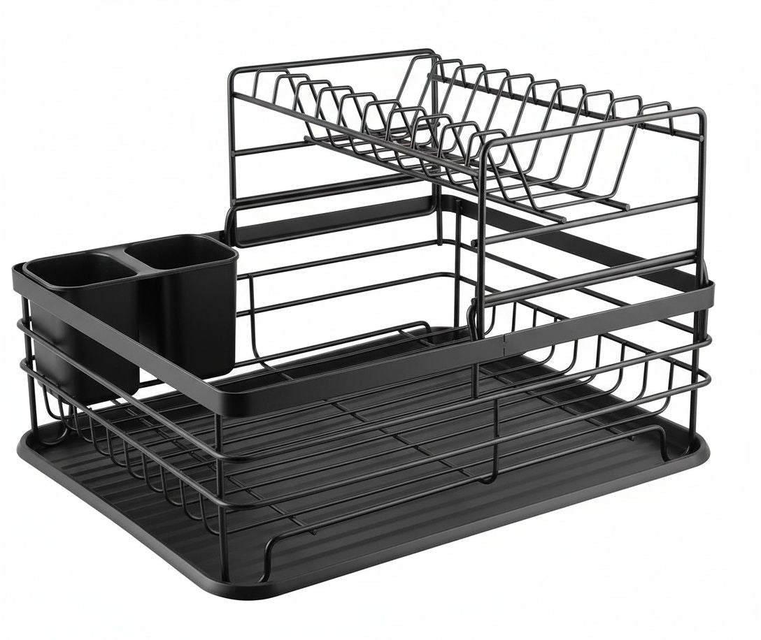 2 - Tier Kitchen Counter Dish Drying Rack with Removable Drip Tray, Utensil Holder & Cutlery Organiser - Black - Home & Garden > Kitchenware > Dish Racks - Rivercity House & Home Co. (ABN 18 642 972 209) - Affordable Modern Furniture Australia