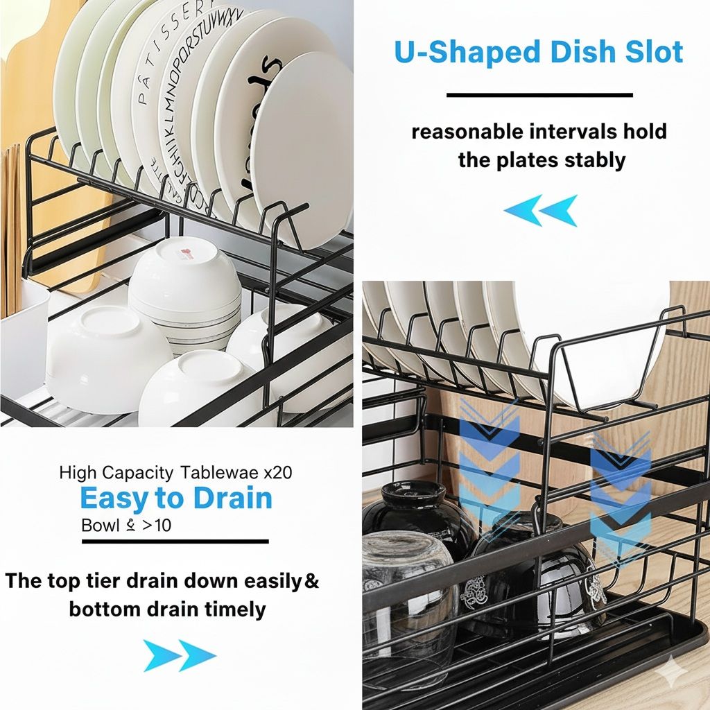 2 - Tier Kitchen Counter Dish Drying Rack with Removable Drip Tray, Utensil Holder & Cutlery Organiser - Black - Home & Garden > Kitchenware > Dish Racks - Rivercity House & Home Co. (ABN 18 642 972 209) - Affordable Modern Furniture Australia
