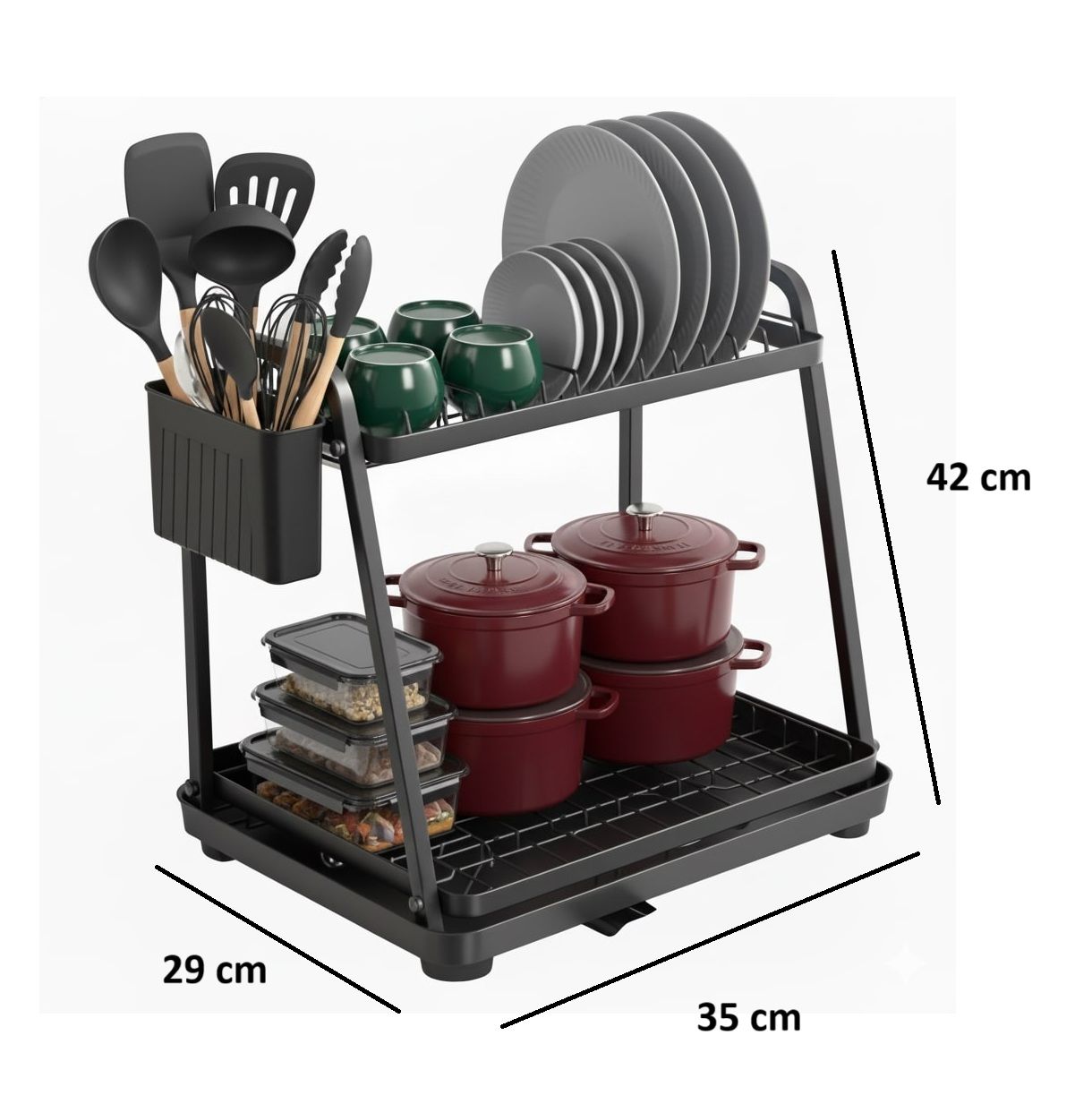 2 - Tier Kitchen Countertop Dish Drying Rack with Drainage Tray, Utensil Holder, Cutting Board Slot & Cup Hooks - Steel - Home & Garden > Kitchenware > Dish Racks - Rivercity House & Home Co. (ABN 18 642 972 209) - Affordable Modern Furniture Australia