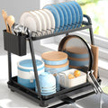 2-Tier Kitchen Countertop Dish Drying Rack with Drainage Tray, Utensil Holder, Cutting Board Slot & Cup Hooks - Steel