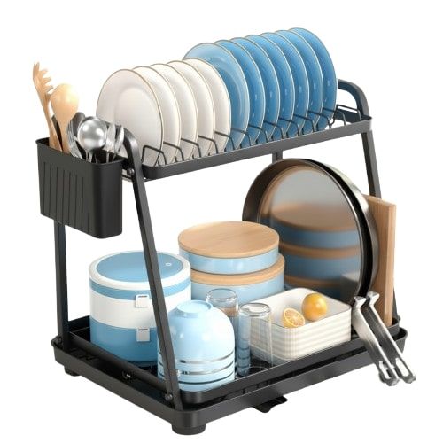 2 - Tier Kitchen Countertop Dish Drying Rack with Drainage Tray, Utensil Holder, Cutting Board Slot & Cup Hooks - Steel - Home & Garden > Kitchenware > Dish Racks - Rivercity House & Home Co. (ABN 18 642 972 209) - Affordable Modern Furniture Australia