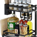2-Tier Kitchen Spice Rack Organiser with Utensil Holder & Hooks for Condiments, Bottles, Cutting Board - Black