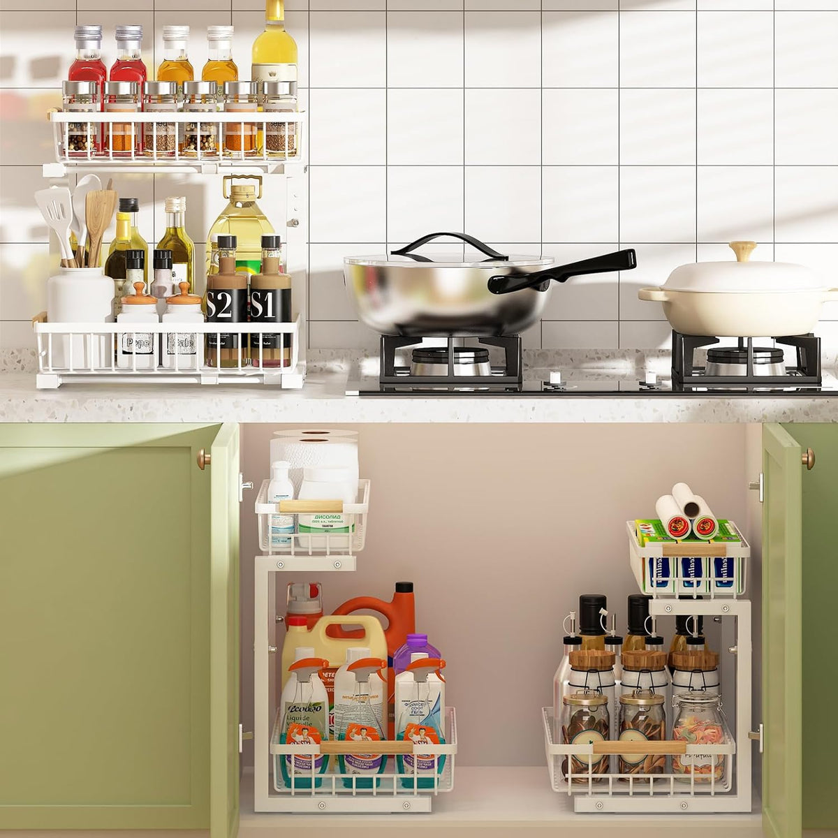 2-Tier Kitchen Under Sink Organiser Storage Set with Adjustable Height, Slide Rail & Suction Cups - Black - Home & Garden > Laundry & Cleaning > Drying Racks & Hangers - Rivercity House & Home Co. (ABN 18 642 972 209) - Affordable Modern Furniture Australia