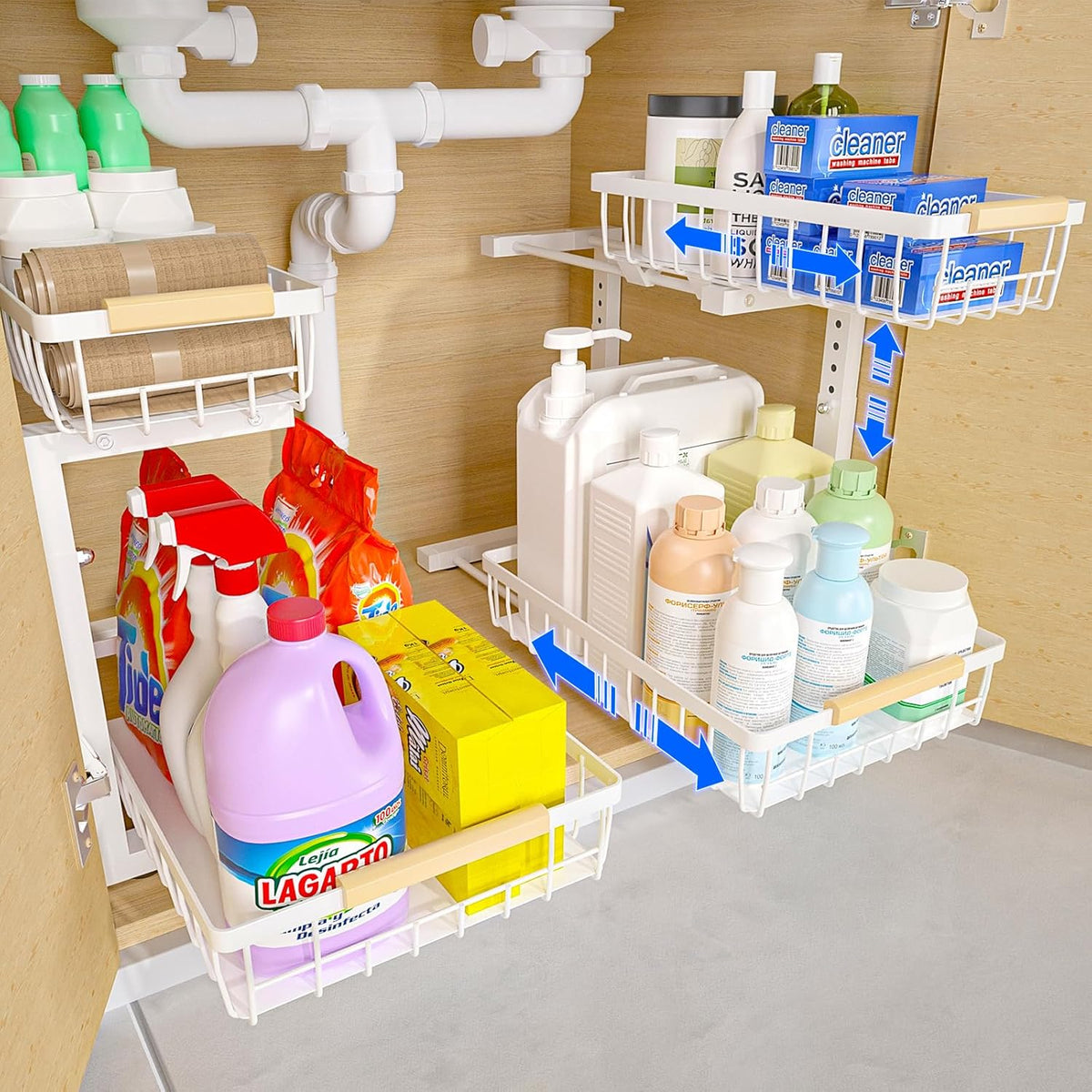 2-Tier Kitchen Under Sink Organiser Storage Set with Adjustable Height, Slide Rail & Suction Cups - Black - Home & Garden > Laundry & Cleaning > Drying Racks & Hangers - Rivercity House & Home Co. (ABN 18 642 972 209) - Affordable Modern Furniture Australia