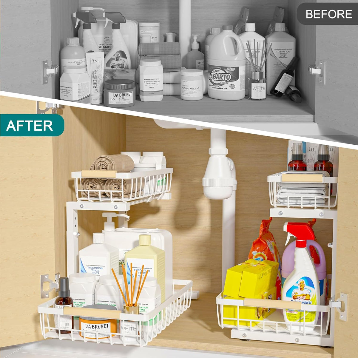 2-Tier Kitchen Under Sink Organiser Storage Set with Adjustable Height, Slide Rail & Suction Cups - Black - Home & Garden > Laundry & Cleaning > Drying Racks & Hangers - Rivercity House & Home Co. (ABN 18 642 972 209) - Affordable Modern Furniture Australia