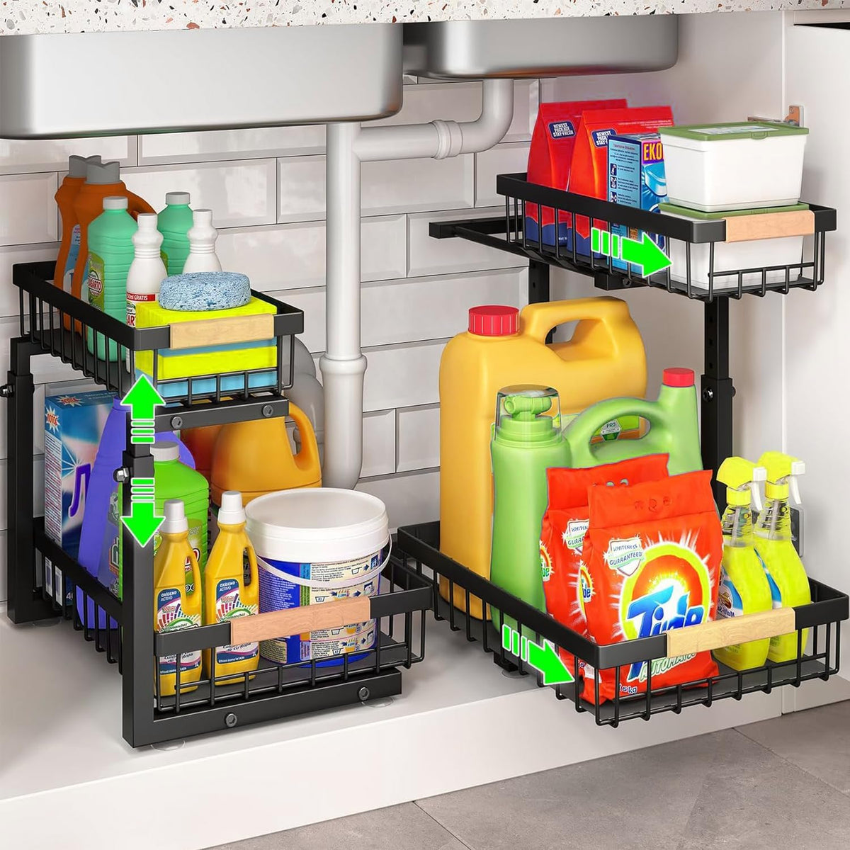 2-Tier Kitchen Under Sink Organiser Storage with Adjustable Height, Slide Rail & Suction Cups - Black - Home & Garden > Laundry & Cleaning > Drying Racks & Hangers - Rivercity House & Home Co. (ABN 18 642 972 209) - Affordable Modern Furniture Australia