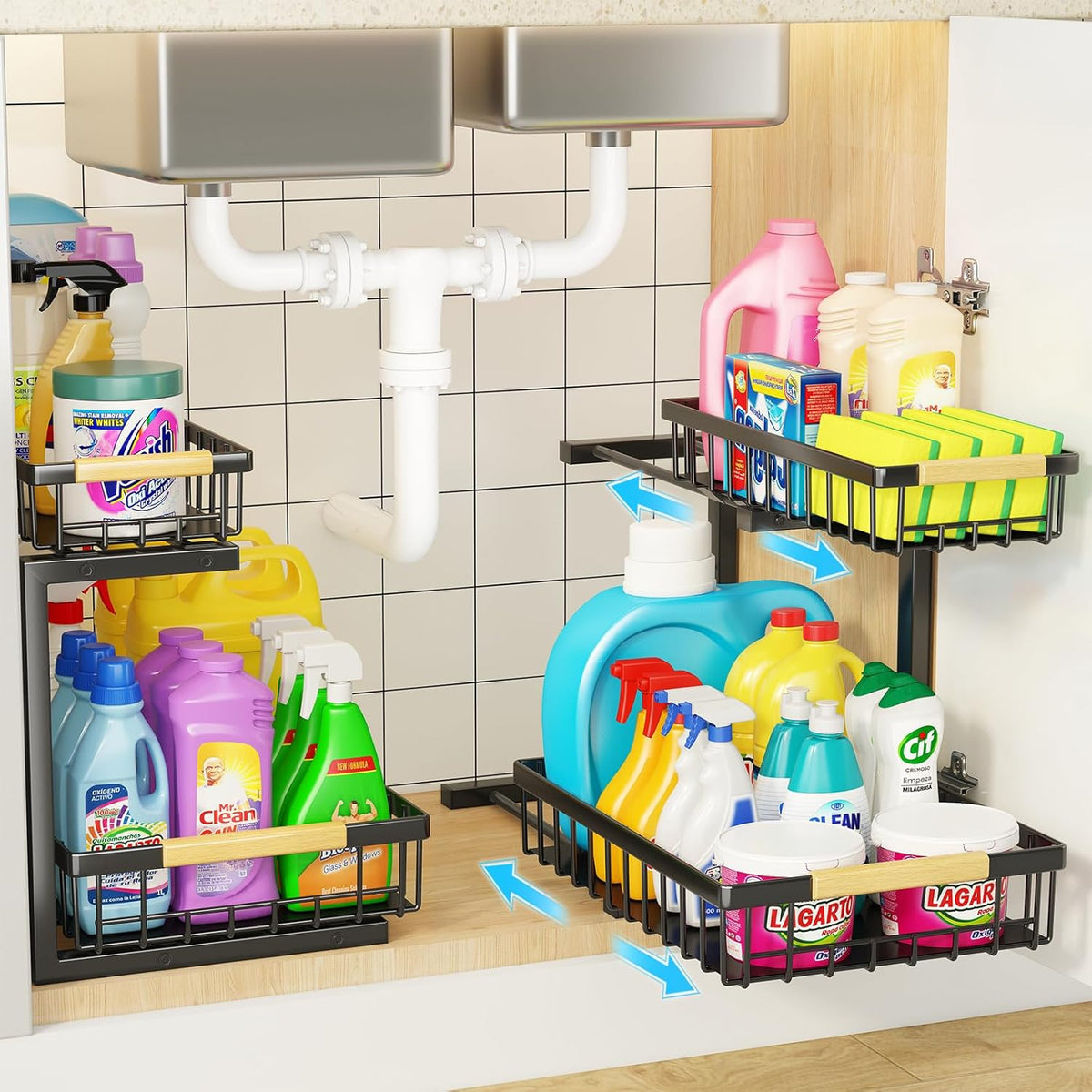 2-Tier Kitchen Under Sink Organiser Storage with Adjustable Height, Slide Rail & Suction Cups - Black - Home & Garden > Laundry & Cleaning > Drying Racks & Hangers - Rivercity House & Home Co. (ABN 18 642 972 209) - Affordable Modern Furniture Australia