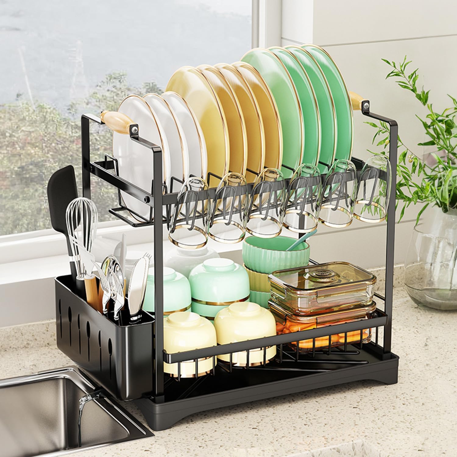 2 - Tier Large Dish Drying Rack with Drainboard, Utensil Holder, Glass Hooks & Cutlery Storage (Black) - Home & Garden > Kitchenware > Dish Racks - Rivercity House & Home Co. (ABN 18 642 972 209) - Affordable Modern Furniture Australia