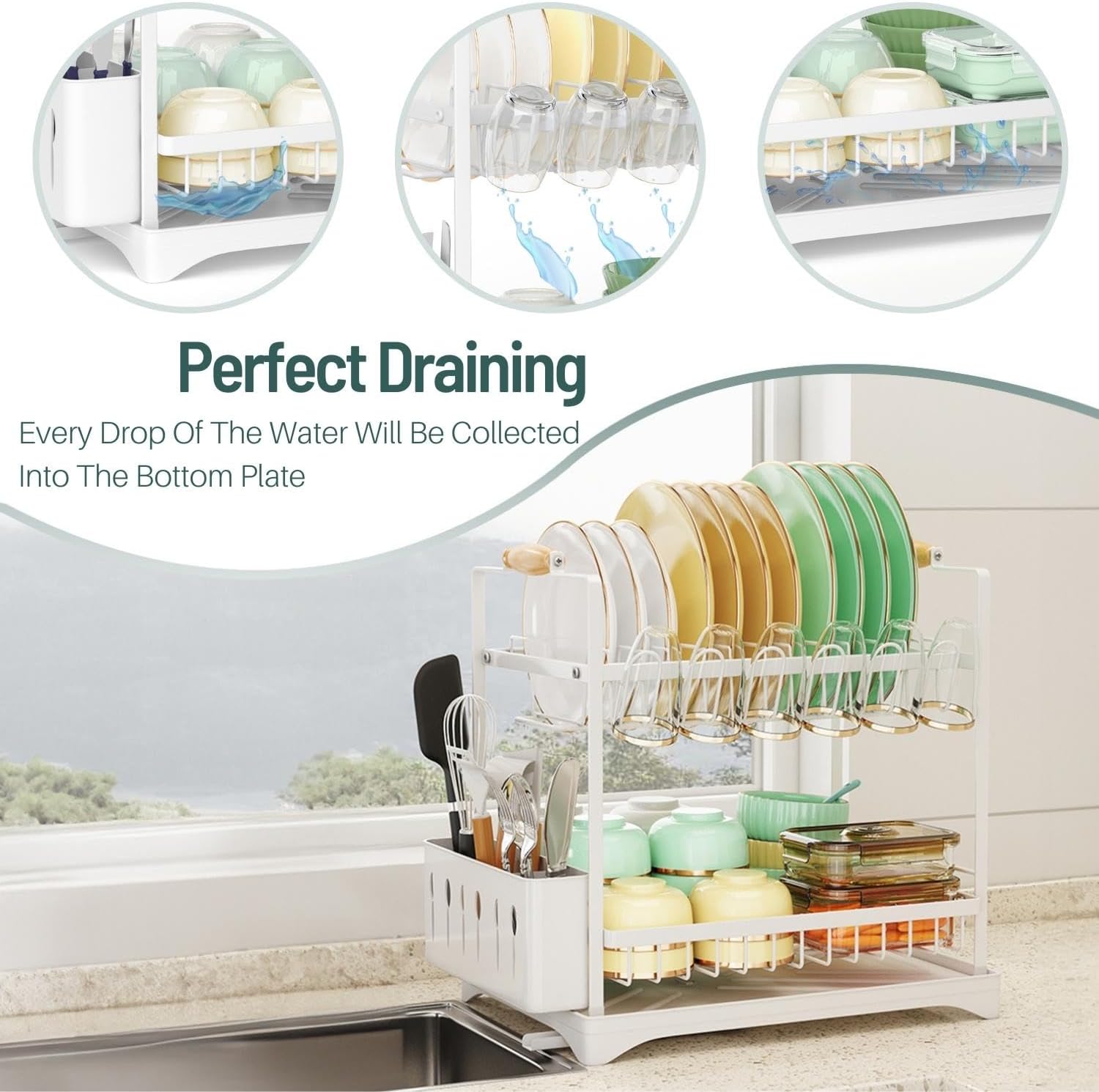 2 - Tier Large Dish Drying Rack with Drainboard, Utensil Holder, Glass Hooks & Cutlery Storage (Black) - Home & Garden > Kitchenware > Dish Racks - Rivercity House & Home Co. (ABN 18 642 972 209) - Affordable Modern Furniture Australia