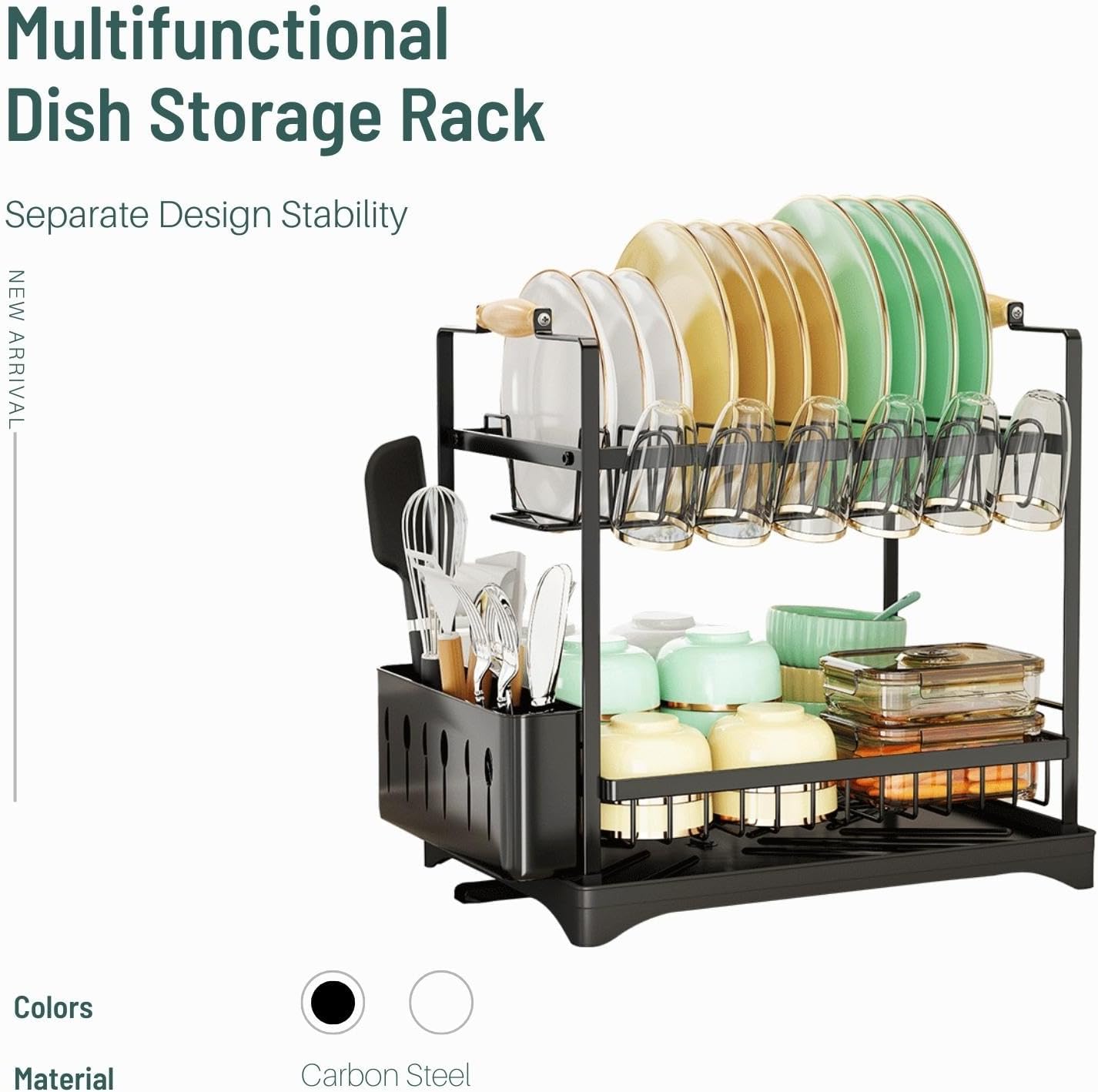 2 - Tier Large Dish Drying Rack with Drainboard, Utensil Holder, Glass Hooks & Cutlery Storage (Black) - Home & Garden > Kitchenware > Dish Racks - Rivercity House & Home Co. (ABN 18 642 972 209) - Affordable Modern Furniture Australia